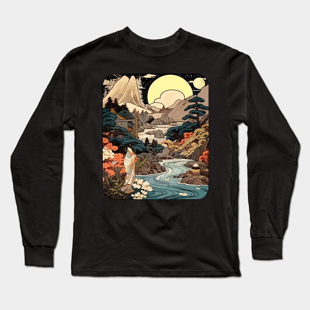 Japanese Zen Landscape Nature Scene Woodblock Painting Style Long Sleeve T-Shirt by entwithanaxe